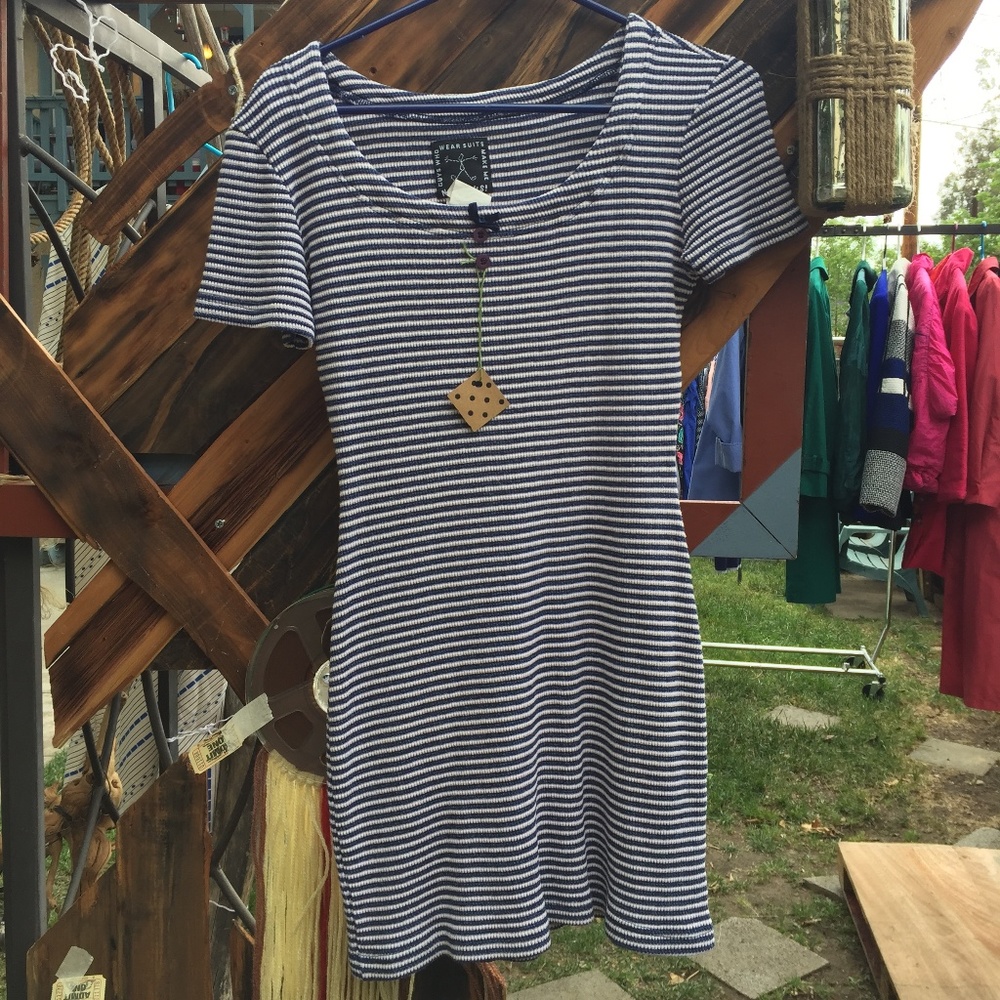 Blue & white pencil stripe ribbed knit mini dress